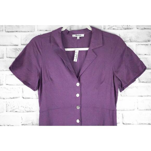 Madewell Purple Linen Short Sleeve A Line Button Front Dress Size 0 Collar Retro - Picture 3 of 11